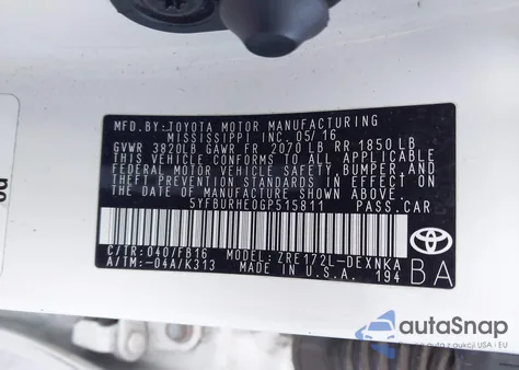 2016 Toyota Corolla Le from USA, damaged, VIN 5YFBURHE0GP515811